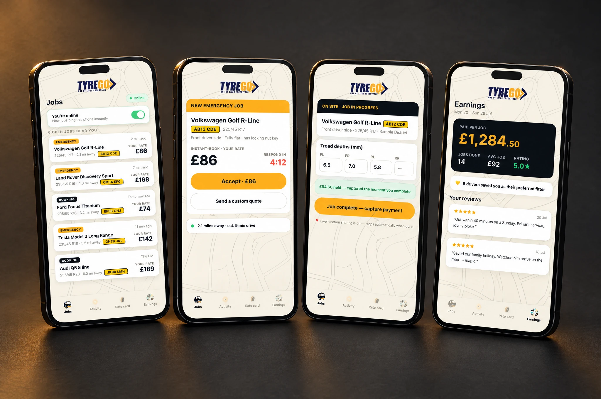 The fitter’s working day, connected. App screens displayed on phones.