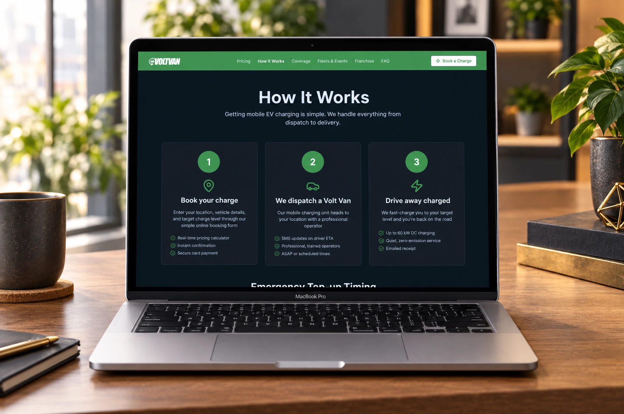 How it works — the three-step mobile charging journey