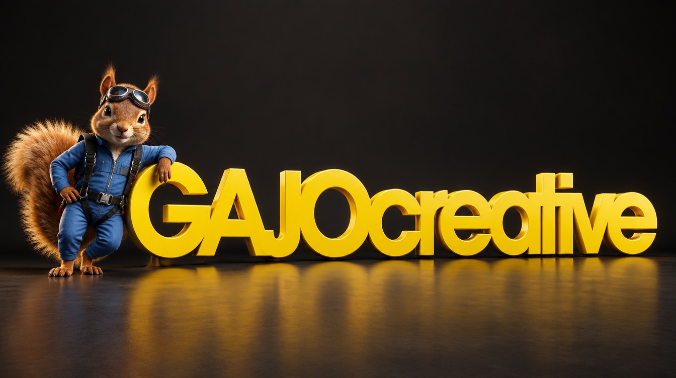 GAJO’s squirrel mascot leaning on the golden GAJO Creative wordmark